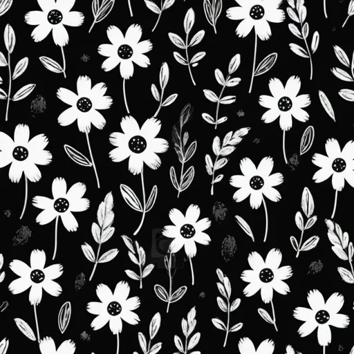 Prompt: Free vector Abstract little flower doodle brush seamless pattern. Sketch hand drawn spring floral plant, nature graphic leaf, scribble grunge brush texture black and white ink seamless pattern. Vector illustration