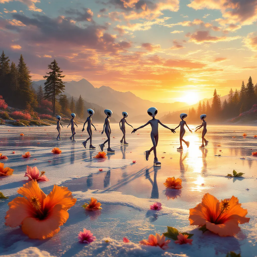 Prompt: A sunset on a half frozen lake covered in hibiscus flowers with aliens ice skating and my husband dancing 


