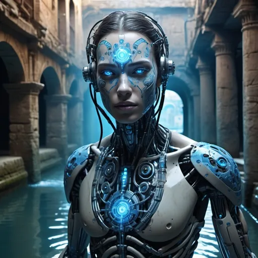 Prompt: (cybernetic being), half human on one side of face, half cyborg, emerging from swirling waters of ancient canal, mystical atmosphere, illuminated with ethereal blue light, intricate mechanical features on other side of face, detailed cyborg limbs, mysterious shadows in background, (highly detailed), (dramatic color contrast), shimmering reflections, ancient architecture subtly visible, (4K), captivating and surreal vibe.