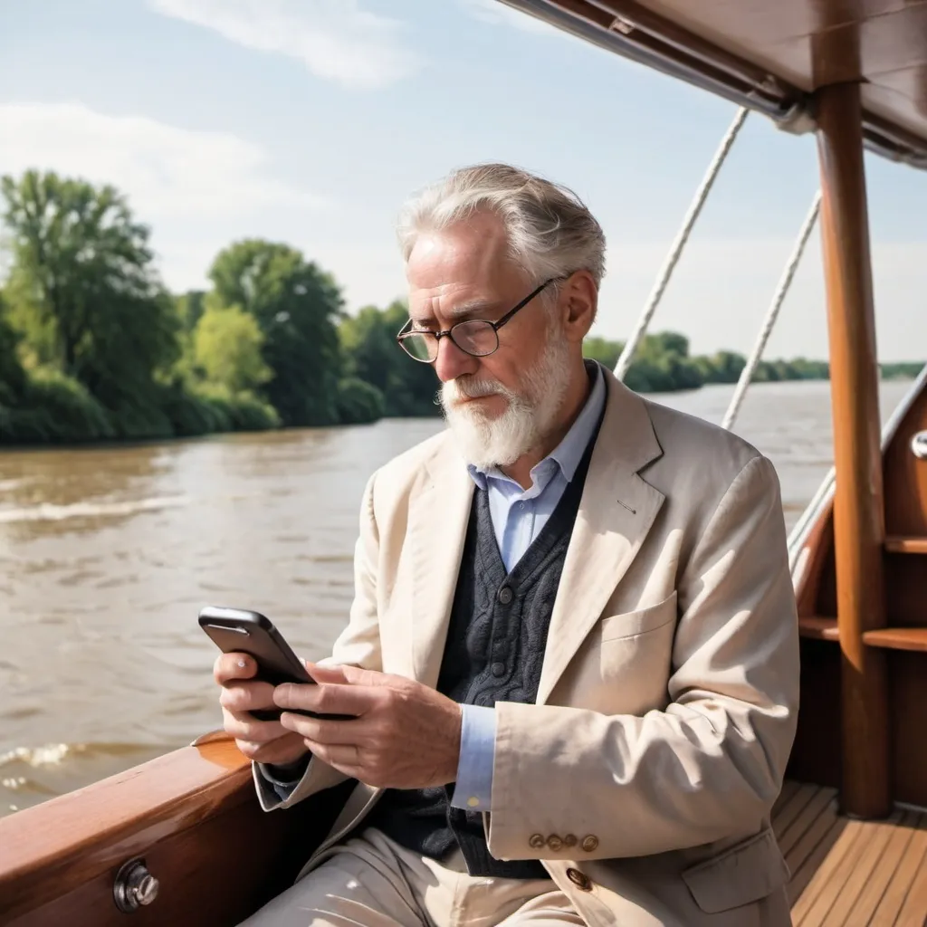 Prompt: an older scholar sitting on the deck of a boat cruise on a river reading a paper on his smartphone while interesting sights are off to his side which he doesn't notice