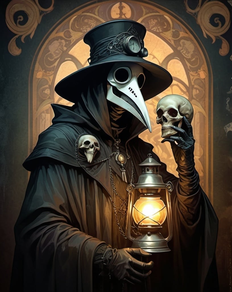 Prompt: Gothic plague doctor with human skull, art nouveau background, low-key lighting, high resolution, dynamic illustration, creepy, scary, holding a lantern, detailed attire, eerie atmosphere, professional, dark tones, ominous lighting, sinister vibe, gothic, haunting, atmospheric setting