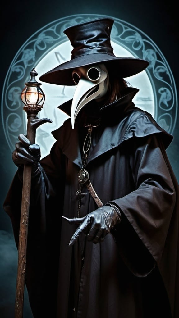 Prompt: Gothic plague doctor, creepy and scary, pointing finger with one hand and holding a staff with the other, eerie nighttime setting, low-key lighting, with art nouveau background, high resolution, dynamic illustration.