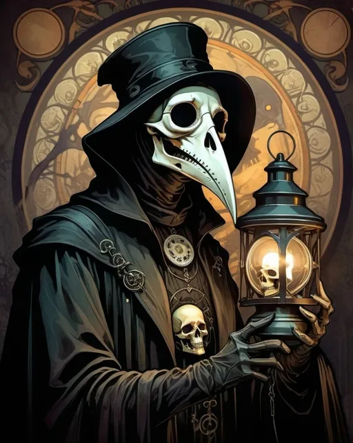 Prompt: Gothic plague doctor with human skull, art nouveau background, low-key lighting, high resolution, dynamic illustration, creepy, scary, holding a lantern, detailed attire, eerie atmosphere, professional, dark tones, ominous lighting, sinister vibe, gothic, haunting, atmospheric setting