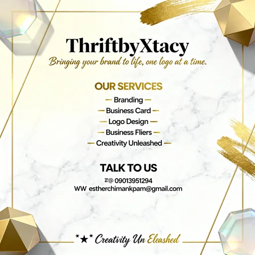 Prompt:  Design Prompt: “ThriftbyXtacy Premium Aesthetic Flyer”

Create a modern, luxurious business flyer for ThriftbyXtacy, blending minimalist elegance with creative sophistication.

Overall Style:
Use a white marble texture or soft gradient background (cream fading into gold or matte grey). Add thin golden geometric lines or subtle 3D shapes for visual structure. Keep the layout clean, spacious, and balanced.

Typography:
	•	Business name “ThriftbyXtacy” — centered at the top in bold, uppercase serif font (e.g., Playfair Display or Cinzel), in rich black or deep charcoal.
	•	Slogan below it in elegant cursive: “Bringing your brand to life, one logo at a time.” in gold or soft grey.

Middle Section (Services):
	•	Title: OUR SERVICES — centered in uppercase gold or black sans-serif font.
	•	List (smaller uppercase black letters):
	•	Branding
	•	Business Card
	•	Logo Design
	•	Business Fliers
	•	Creativity Unleashed

Use thin golden dividers or icons beside each service for style.

Bottom Section (Contact):
	•	Heading: TALK TO US — bold uppercase in black.
	•	Details below in clean sans-serif font:
	•	📞 09013951294
	•	✉️ estherchimankpam@gmail.com

Accent & Composition:
Incorporate subtle gold brushstroke elements or abstract polygonal overlays at the corners to symbolize creativity. Use light shadows and glassmorphism-style shapes to add depth.

Final Tagline:
At the very bottom, in elegant black cursive or gold:
✨ “Creativity Unleashed.”