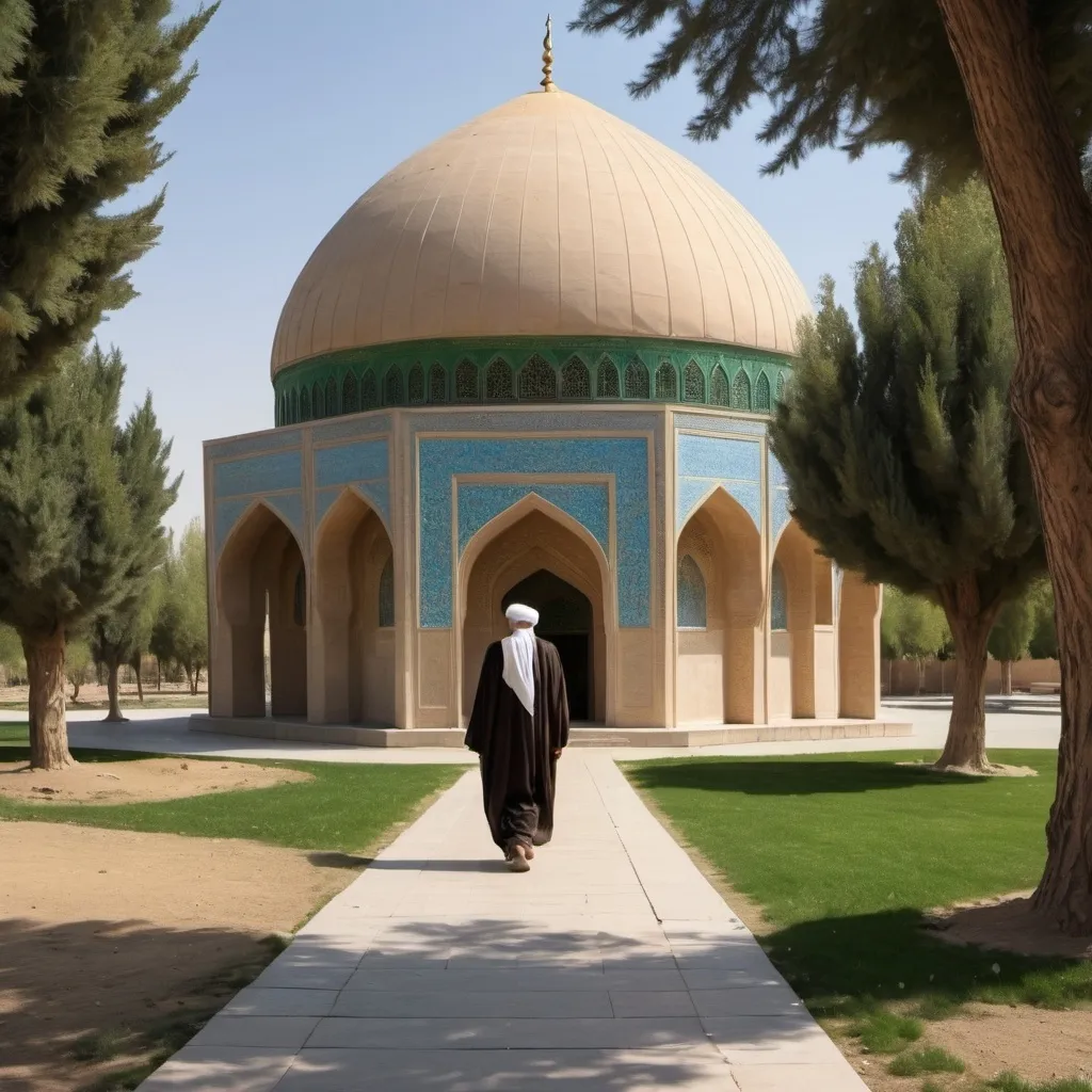 Prompt: In an Iranian park, in the corner of which there is an Islamic tomb, Prophet Moses, who has a tail, is walking away