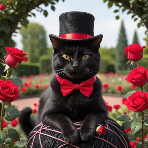 Prompt: Black cat in tophat sitting on Ball of black yarn. The cat has a red bowtie and a red rose on his hat. The background is a rose garden.