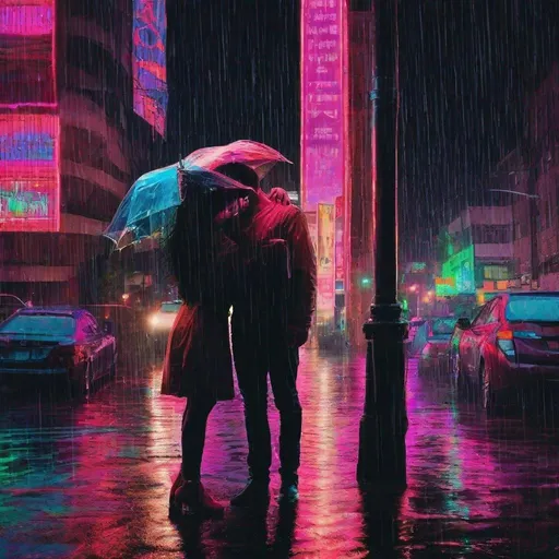 Prompt: Neon rain falling on a couple embraced holding an umbrella 