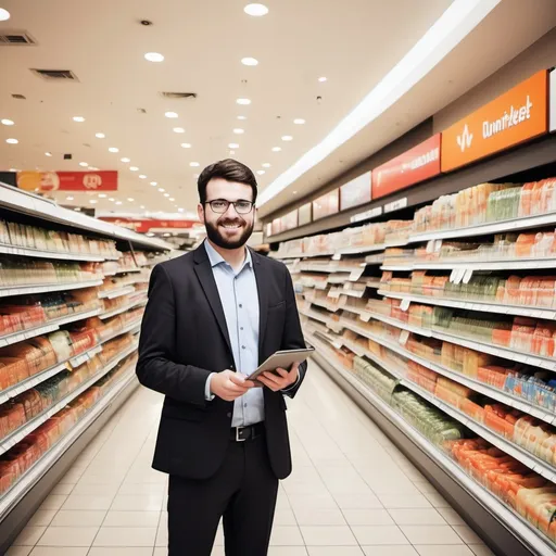 Prompt: A MARKETING MANAGER  STANDIG IN A MALL & DETAILED  TO  SUPERMARKET  OWNER 