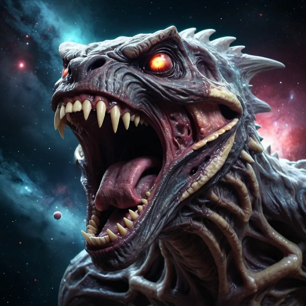 Prompt: A scary hungry space monster with open mouth full of sharp teeth, (side view), deep space background, menacing expression, glowing eyes, dark and eerie atmosphere, vivid and dark colors, high contrast lighting, intricate details on teeth and skin texture, surrounding spacescape filled with stars and nebula, ultra-detailed, 4K, high quality rendering, dramatic composition, high tension mood.