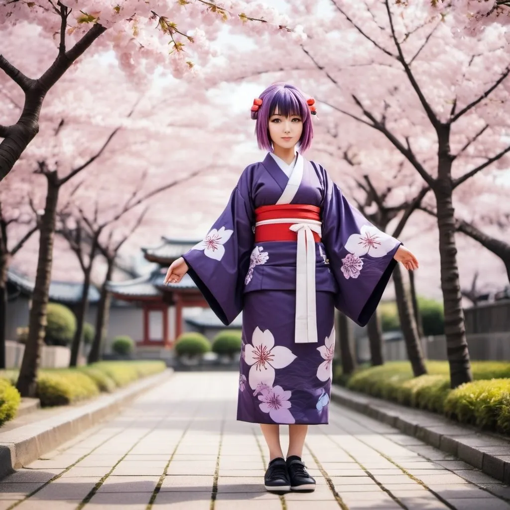 Prompt: An anime girl with purple hair with bangs wearing a traditional kimono with high top black shoes standing next to a cherry blossom tree anime form