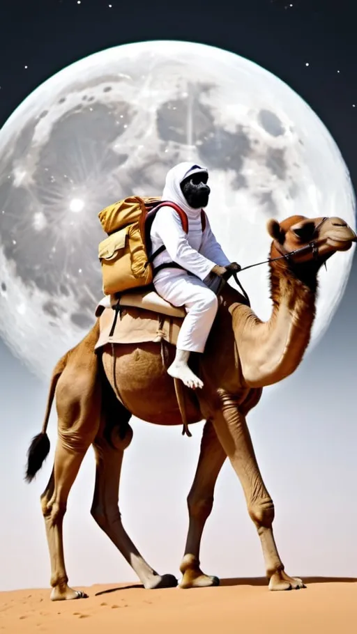 Prompt: A monkey with completely black eyes riding a camel on the moon