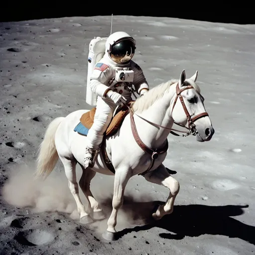 Prompt: A male astronaut ridding a white horse on the moon