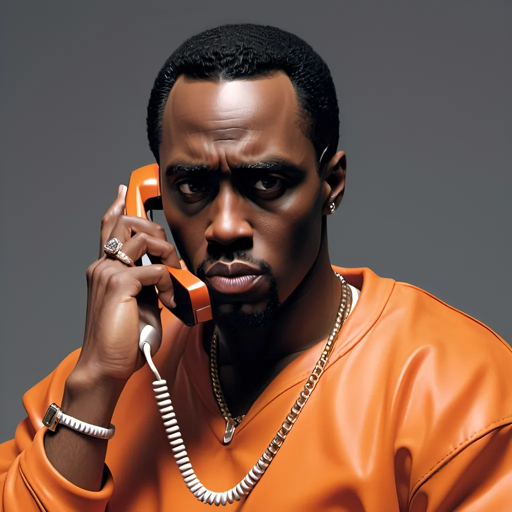 Prompt: A realistic side view shot of Diddy in an orange  prison clothes having a phone call. He looks serious. 