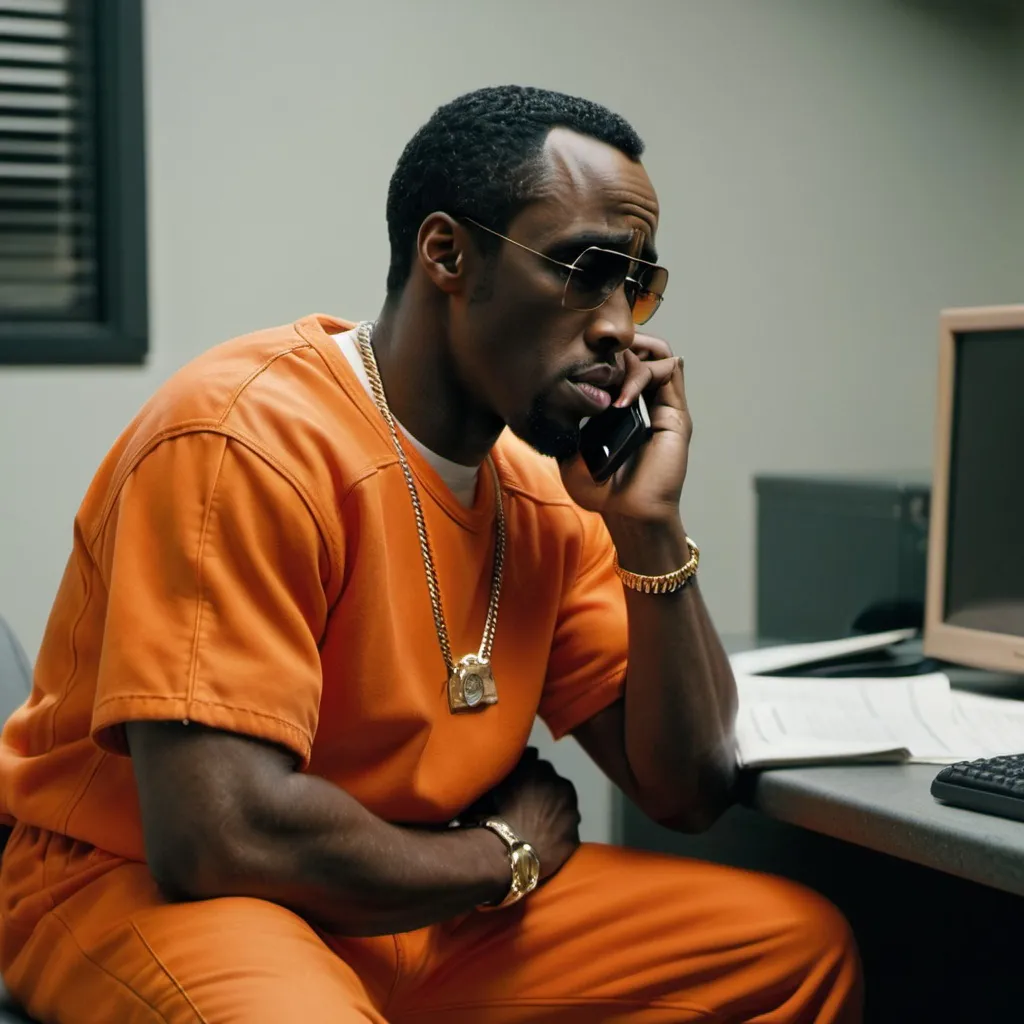 Prompt: A side view shot of Diddy in an orange  prison clothes having a phone call. 