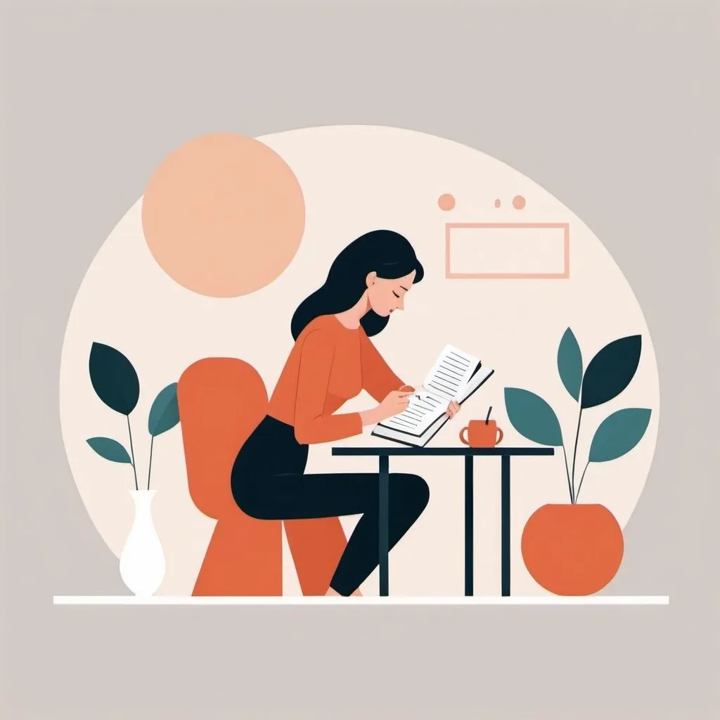 Prompt: Flat illustration a woman studying, simple forms, simple shapes, vector, minimalism