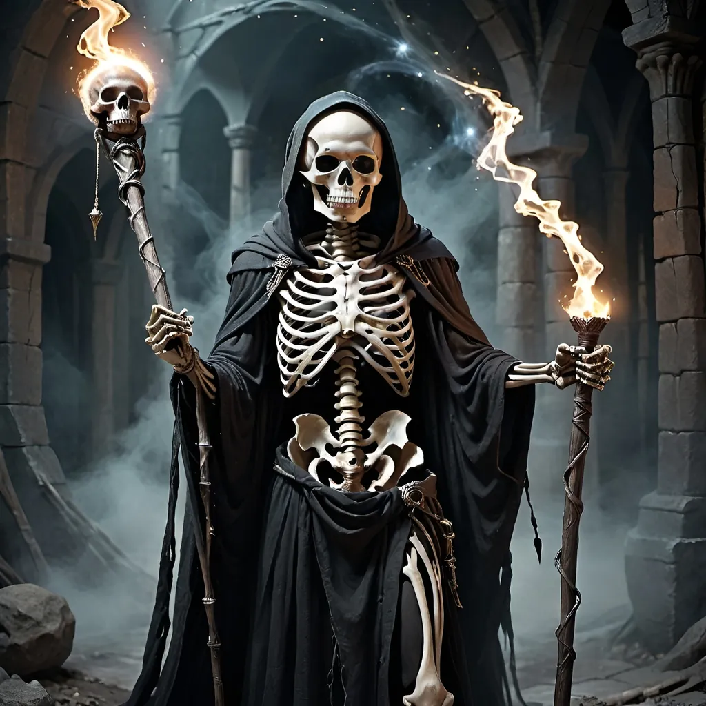 Prompt: A skeleton holding a magic staff wrapped in dark robes in a dark fantasy setting