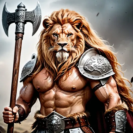 Prompt: Male lion person very buff in Viking armor. Long mane. Serious look. Battle axe in hand, raised above head.