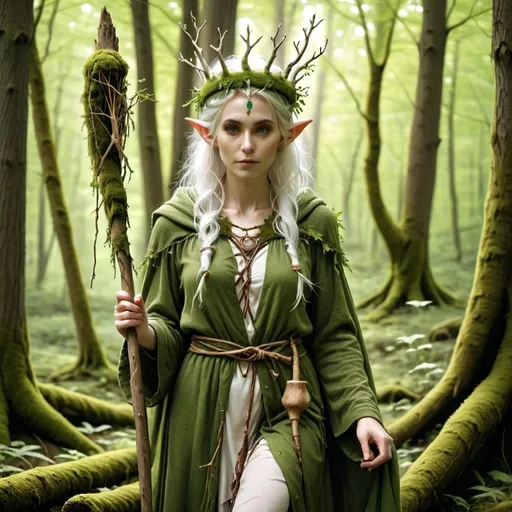 Prompt: A female elf Druid in the forest surrounded by nature. White hair with a wooden staff in her hand. Mossy robes and a stick crown