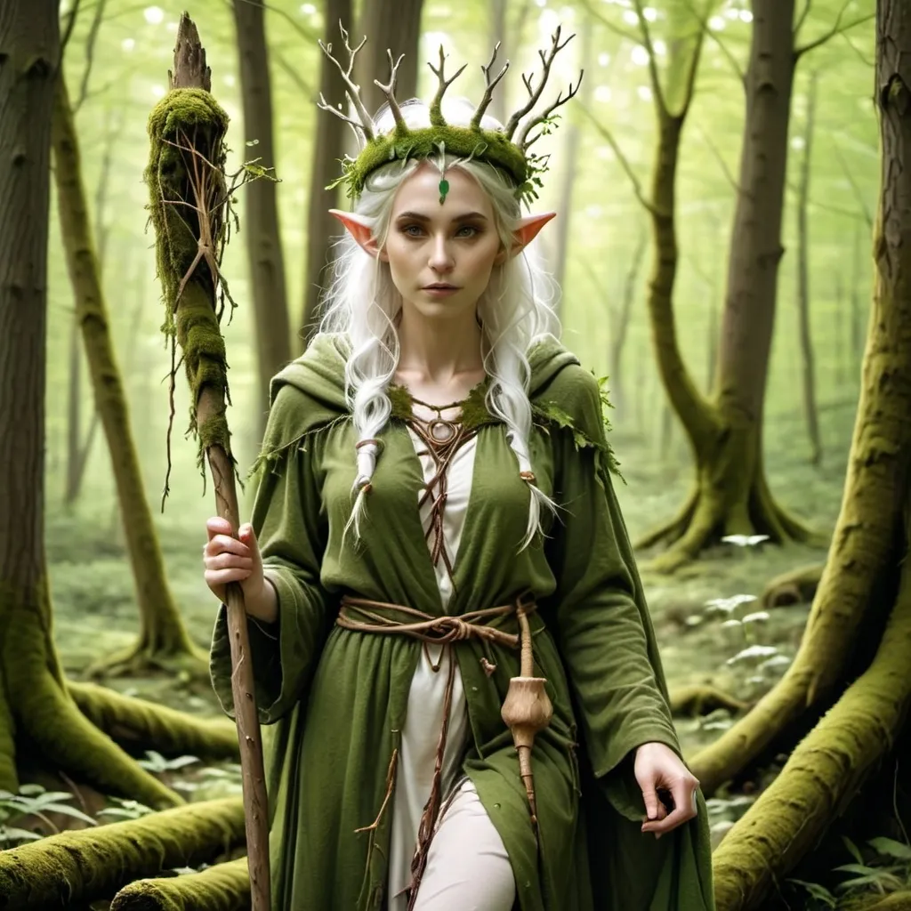 Prompt: A female elf Druid in the forest surrounded by nature. White hair with a wooden staff in her hand. Mossy robes and a stick crown