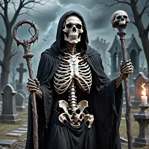 Prompt: A skeleton holding a magic staff wrapped in dark robes in a dark fantasy setting. Grave yard background. Evil look