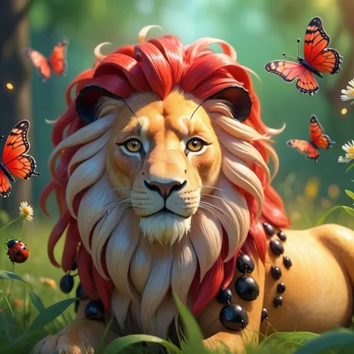 Prompt: lion with pigtails with ladybugs e butterflies