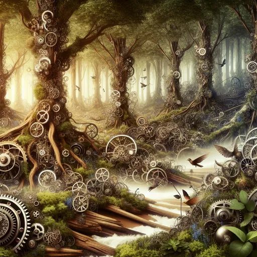 Prompt: A forest where the trees and flora are made of intricate clockwork and gears, constantly moving and ticking. Mechanical animals roam the forest, blending nature with steampunk elements. The textures of metal, wood, and the movement of the gears create a dynamic sense of depth.