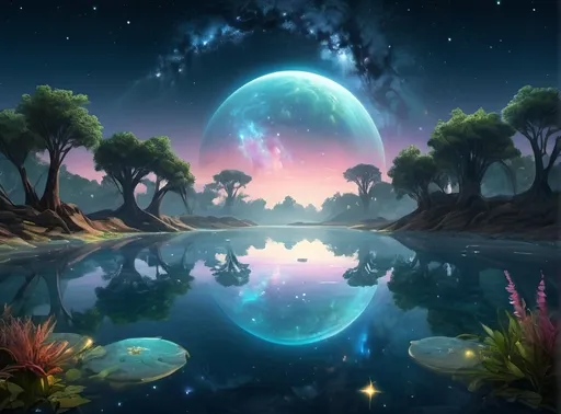 Prompt: Generate a wide-angle image of a serene oasis in the middle of a galaxy. The scene should feature a crystal-clear pool of water in the foreground, reflecting the vibrant stars and planets above. Surrounding the water, bioluminescent plants and trees should emit a soft, enchanting glow, illuminating the area. The sky should be filled with a multitude of celestial bodies, including bright stars, colorful nebulae, and distant planets. The textures of the water should show gentle ripples, while the plants and trees shimmer with intricate details. The overall atmosphere should be tranquil and ethereal, creating a dreamlike depth