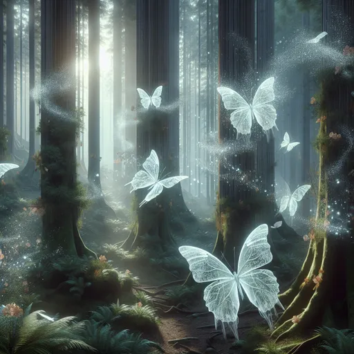 Prompt: A forest where gigantic butterflies with translucent wings float through the air, leaving trails of sparkling dust. The forest itself is a mix of fantastical trees with textured bark that glows faintly. The interplay of light, shadow, and the ethereal quality of the butterflies add depth and texture.