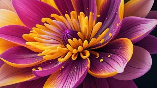 Prompt: a close up of a flower with a purple background and yellow center and center petals, with a black background, artist, color field, highly detailed digital painting, an airbrush painting