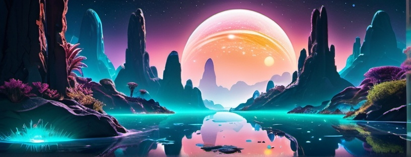 Prompt: Surreal oasis in the middle of a galaxy, (vibrant color scheme), crystalline water reflecting stars and planets, bioluminescent plants emitting soft glow, shimmering textures of water and celestial bodies, dreamlike depth, ethereal atmosphere, cosmic scenery, high detail, (ultra-detailed), immersive visual experience, tranquil and magical ambiance, radiant light playing across the landscape, enchanting and serene setting.