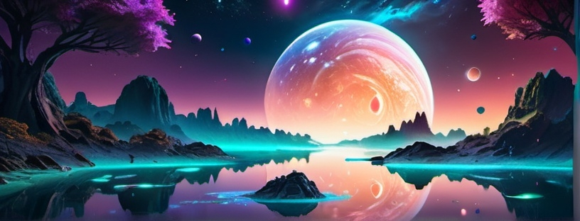 Prompt: Surreal oasis in the middle of a galaxy, (vibrant color scheme), crystalline water reflecting stars and planets, bioluminescent plants emitting soft glow, shimmering textures of water and celestial bodies, dreamlike depth, ethereal atmosphere, cosmic scenery, high detail, (ultra-detailed), immersive visual experience, tranquil and magical ambiance, radiant light playing across the landscape, enchanting and serene setting.
