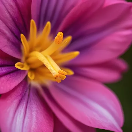 Prompt: A close-up macro shot of a flower showcasing vibrant pinks, yellows, and purples, emphasizing the intricate textures of the petals and the velvety softness while highlighting the minute details of the stamen. The background should be slightly blurred to make the flower stand out.