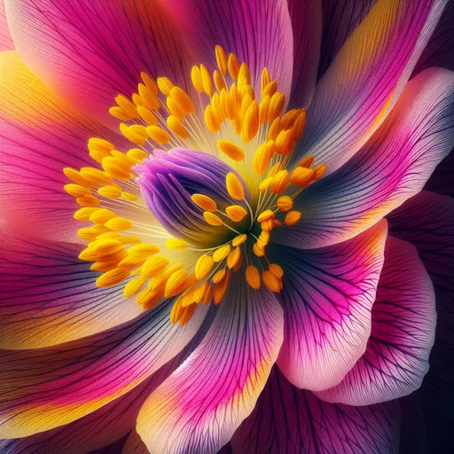 Prompt: A close-up macro shot of a flower, showcasing the intricate textures of petals in bright spring colors such as vibrant pinks, yellows, and purples. The velvety softness and minute details of the stamen should be highlighted, with a slightly blurred background to make the flower stand out