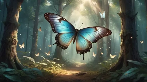 Prompt: A forest where gigantic butterflies with translucent wings float through the air, leaving trails of sparkling dust. The forest itself is a mix of fantastical trees with textured bark that glows faintly. The interplay of light, shadow, and the ethereal quality of the butterflies add depth and texture.