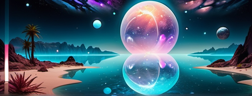 Prompt: Surreal oasis in the middle of a galaxy, (vibrant color scheme), crystalline water reflecting stars and planets, bioluminescent plants emitting soft glow, shimmering textures of water and celestial bodies, dreamlike depth, ethereal atmosphere, cosmic scenery, high detail, (ultra-detailed), immersive visual experience, tranquil and magical ambiance, radiant light playing across the landscape, enchanting and serene setting.