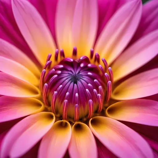 Prompt: A close-up macro shot of a flower showcasing vibrant pinks, yellows, and purples, emphasizing the intricate textures of the petals and the velvety softness while highlighting the minute details of the stamen. The background should be slightly blurred to make the flower stand out.