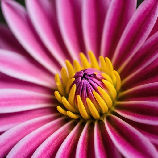 Prompt: 
A close-up macro shot of a flower, showcasing the intricate textures of petals in bright spring colors such as vibrant pinks, yellows, and purples. The velvety softness and minute details of the stamen should be highlighted, with a slightly blurred background to make the flower stand out