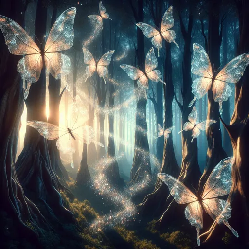 Prompt: A forest where gigantic butterflies with translucent wings float through the air, leaving trails of sparkling dust. The forest itself is a mix of fantastical trees with textured bark that glows faintly. The interplay of light, shadow, and the ethereal quality of the butterflies add depth and texture.