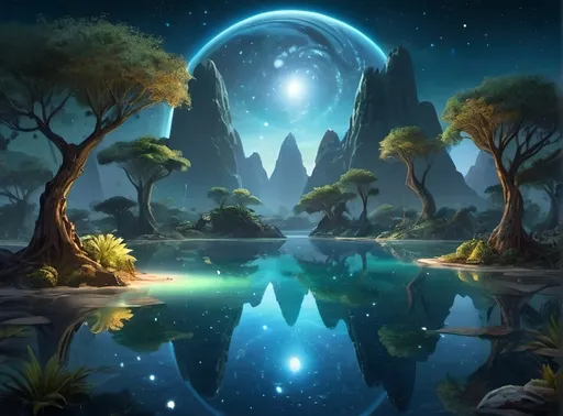 Prompt: Generate a wide-angle image of a serene oasis in the middle of a galaxy. The scene should feature a crystal-clear pool of water in the foreground, reflecting the vibrant stars and planets above. Surrounding the water, bioluminescent plants and trees should emit a soft, enchanting glow, illuminating the area. The sky should be filled with a multitude of celestial bodies, including bright stars, colorful nebulae, and distant planets. The textures of the water should show gentle ripples, while the plants and trees shimmer with intricate details. The overall atmosphere should be tranquil and ethereal, creating a dreamlike depth