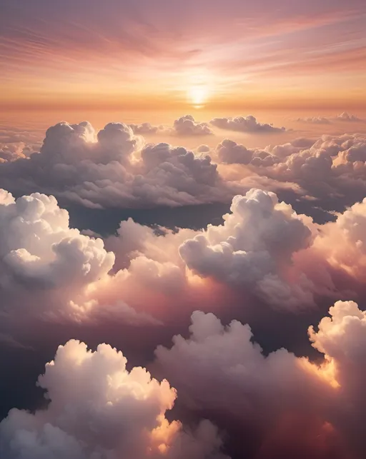 Prompt: An up-close texture of fluffy white clouds, with ultra-realistic details and shadows highlighting the depth and layers within the cloud formation. The background features golden tones from a sunset, with hints of pink and orange hues, enhancing the surreal atmosphere.