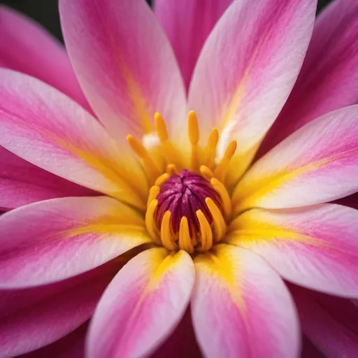 Prompt: 
A close-up macro shot of a flower, showcasing the intricate textures of petals in bright spring colors such as vibrant pinks, yellows, and purples. The velvety softness and minute details of the stamen should be highlighted, with a slightly blurred background to make the flower stand out