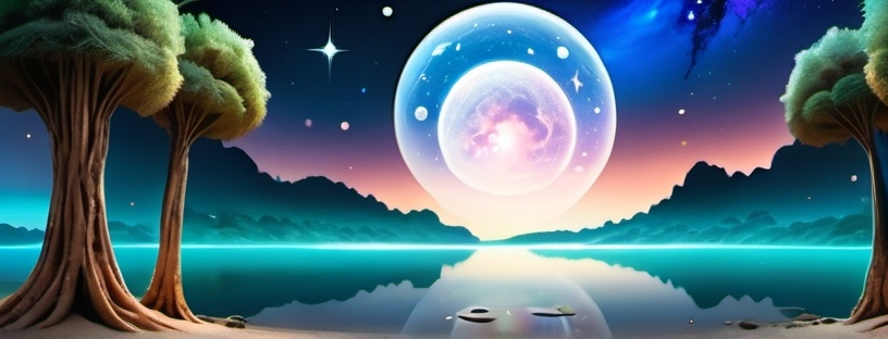 Prompt: Generate an image of a serene oasis in the middle of a galaxy, featuring crystalline water reflecting the stars and planets above, bioluminescent plants and trees emitting a soft glow, and the textures of the water, shimmering plants, and celestial bodies in the sky to create a dreamlike depth.