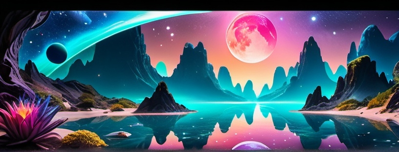 Prompt: Surreal oasis in the middle of a galaxy, (vibrant color scheme), crystalline water reflecting stars and planets, bioluminescent plants emitting soft glow, shimmering textures of water and celestial bodies, dreamlike depth, ethereal atmosphere, cosmic scenery, high detail, (ultra-detailed), immersive visual experience, tranquil and magical ambiance, radiant light playing across the landscape, enchanting and serene setting.