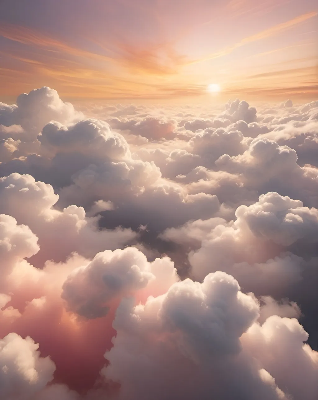 Prompt: An up-close texture of fluffy white clouds, with ultra-realistic details and shadows highlighting the depth and layers within the cloud formation. The background features golden tones from a sunset, with hints of pink and orange hues, enhancing the surreal atmosphere.