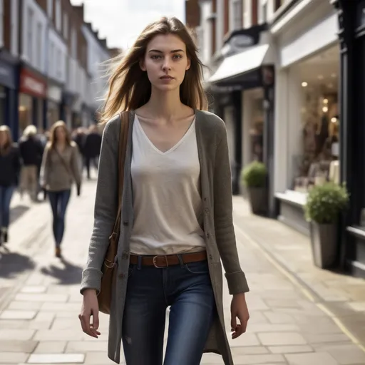 Prompt: Tall young woman walking down the high street, detailed clothing, realistic, natural lighting