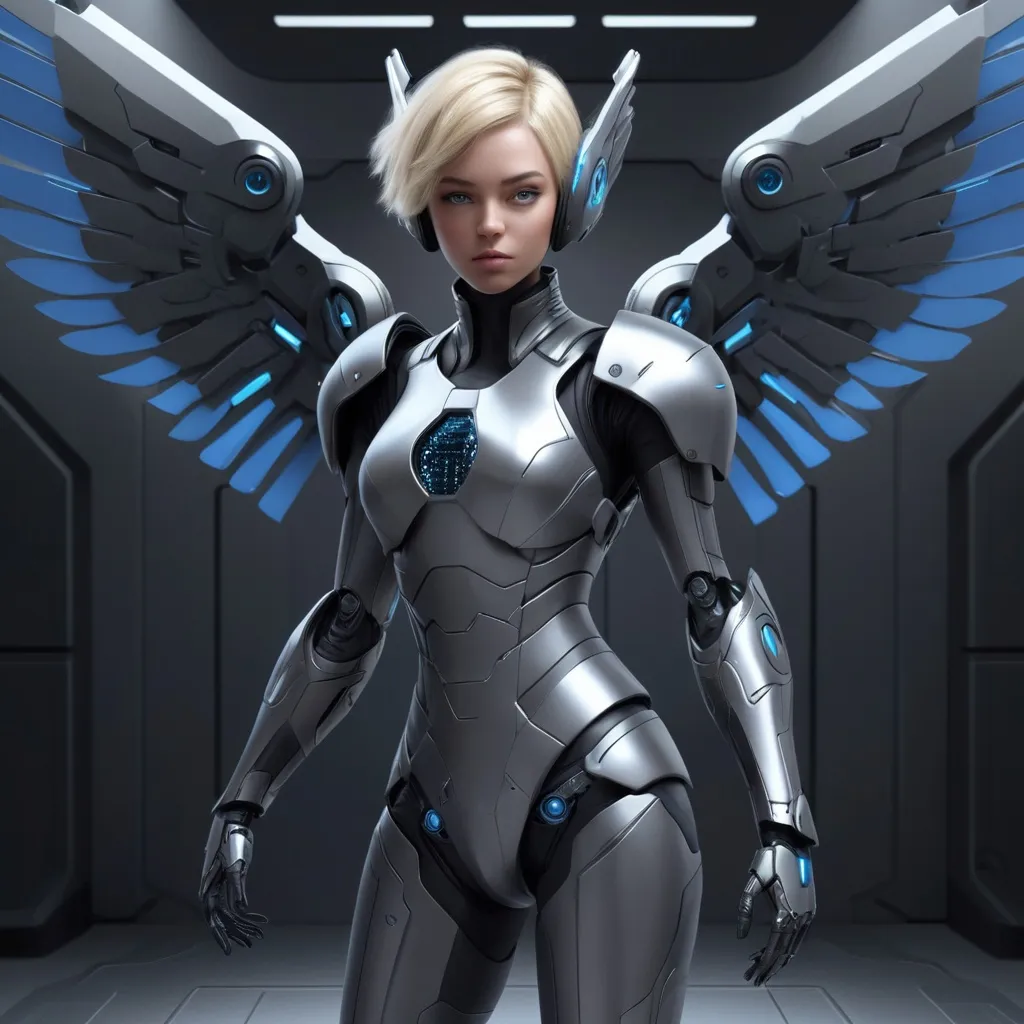 Prompt: Image is a digital illustration featuring a futuristic, armored female character. She is wearing a sleek, metallic exosuit with a predominantly dark gray color scheme, accented by lighter gray and blue highlights. The suit is equipped with large, mechanical wings extending from her back, suggesting advanced technology. Her helmet is off, revealing short blonde hair. She holds a large, futuristic firearm in her right hand. The background is a simple gradient of gray, emphasizing the character's detailed design. The overall style is highly detailed and realistic, typical of science fiction and cyberpunk genres.