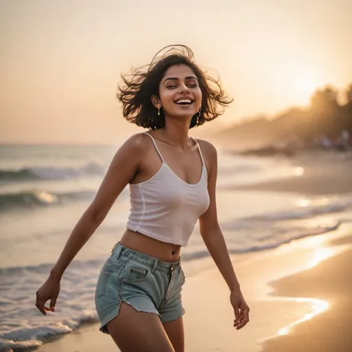 Prompt: /imagine A low angle full body shot of an Indian model with short silky hair and white skin, enjoying at the beach in shorts, waves gently crashing at her feet, with a carefree and joyful expression, during the golden hour with soft warm lighting, shot with a Fujifilm GFX 100S, 50mm f/1.4 lens, vibrant colors --style raw --v 6
