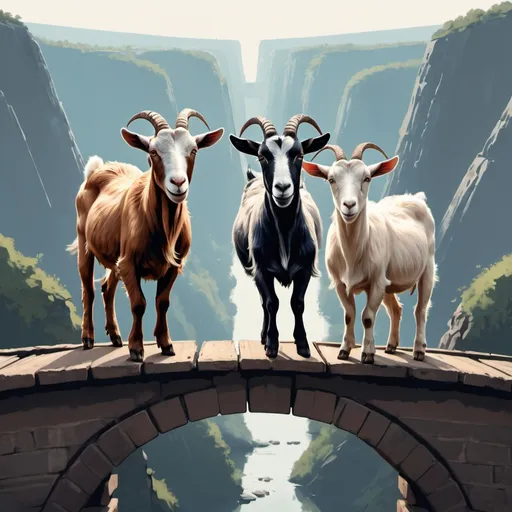 Prompt: Three goats standing on a high bridge looking down at the viewer in illustration style
