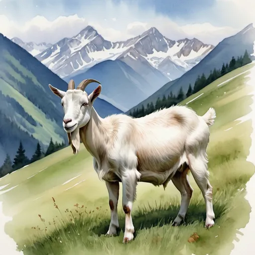 Prompt: watercolor painting of a goat on a grassy hillside in front of distant alpine mountain peaks
