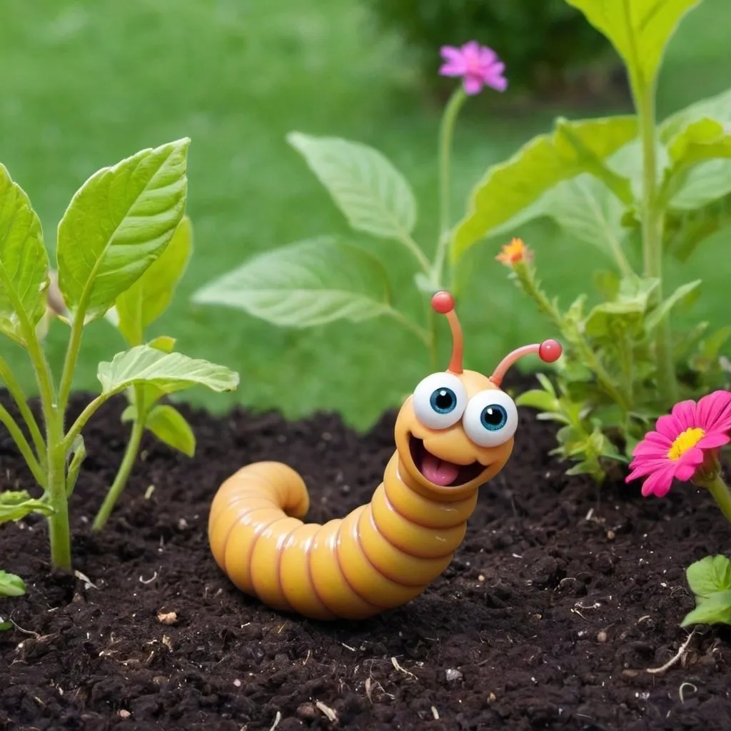 Prompt: A cute worm in the garden